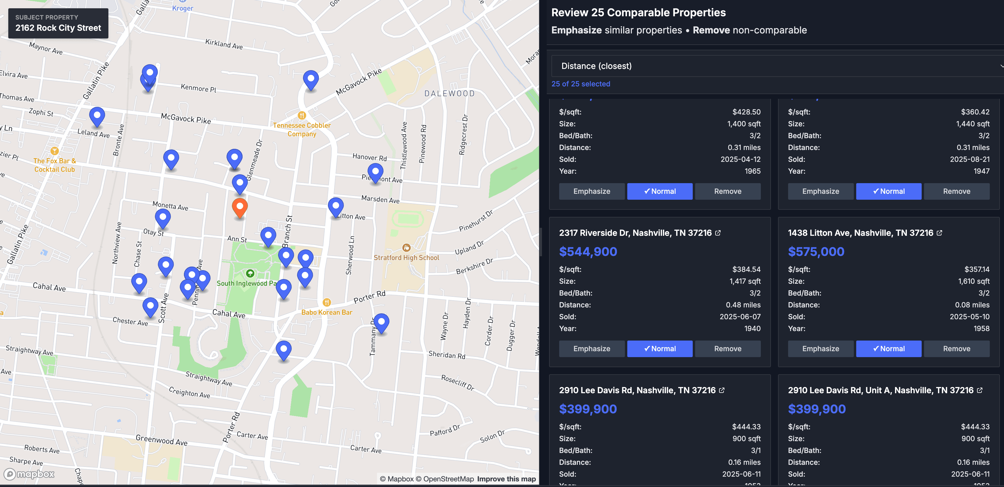 Interactive comparable sales map